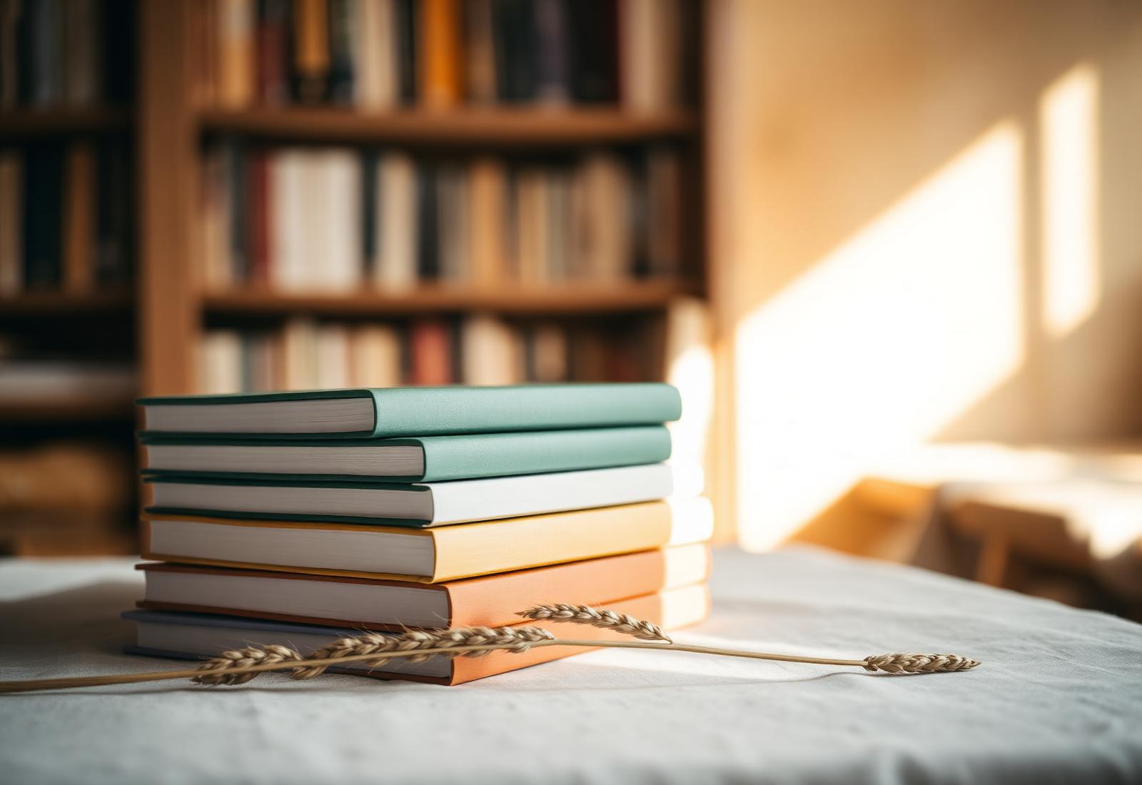 A stack of hardcover books in forest green, cream, and honey tones on a linen tablecloth